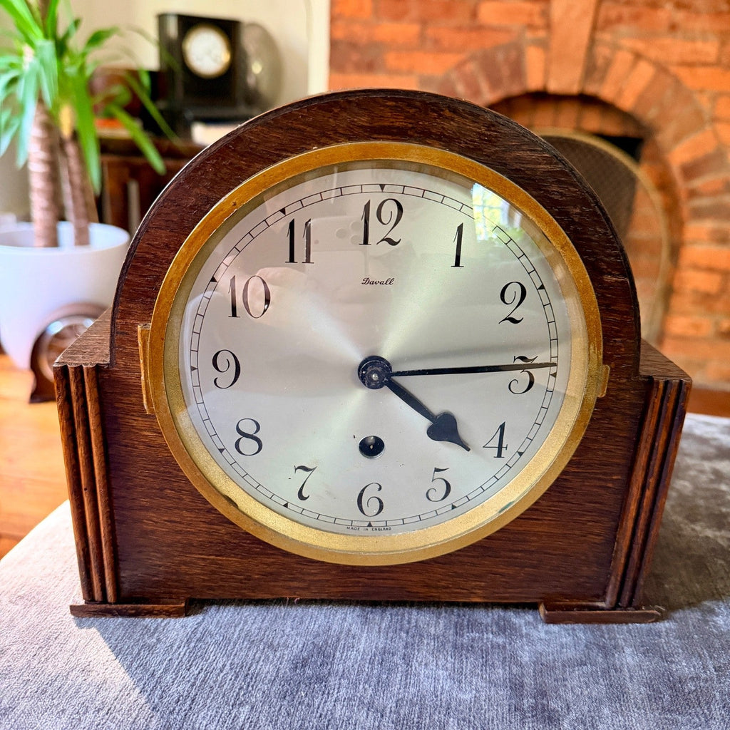 1930s Davall Art Deco Oak Mantel Clock 8 Day Serviced English Movement - Mahn and Co Clock Repairs