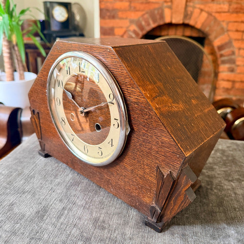 1930s Kienzle Art Deco Oak Mantel Clock Gong Strike Serviced Restored - Mahn and Co Clock Repairs