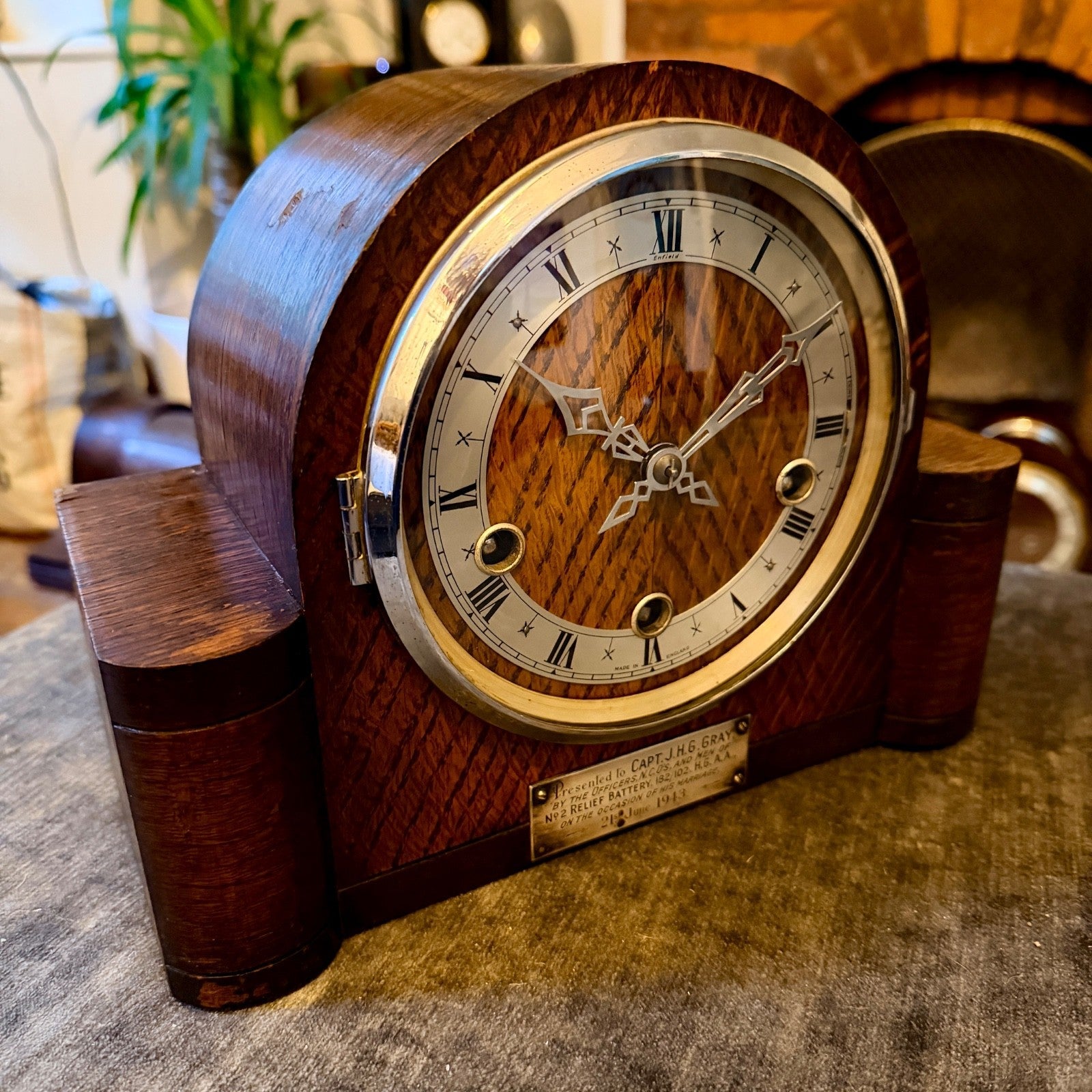 1943 Enfield Art Deco Westminster Chime Mantel Clock Military Presentation - Mahn and Co Clock Repairs