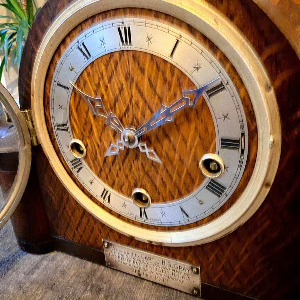 1943 Enfield Art Deco Westminster Chime Mantel Clock Military Presentation - Mahn and Co Clock Repairs