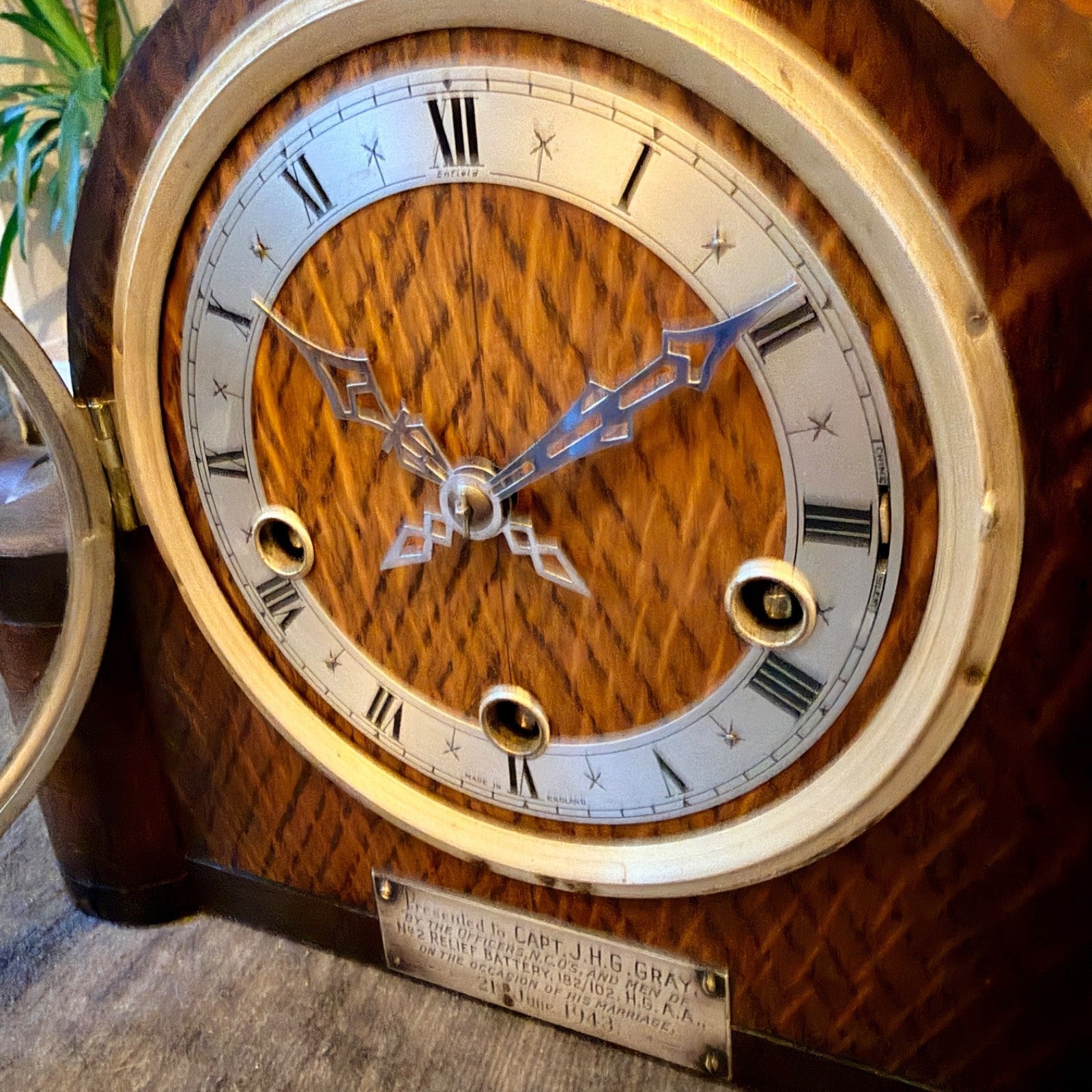 1943 Enfield Art Deco Westminster Chime Mantel Clock Military Presentation - Mahn and Co Clock Repairs