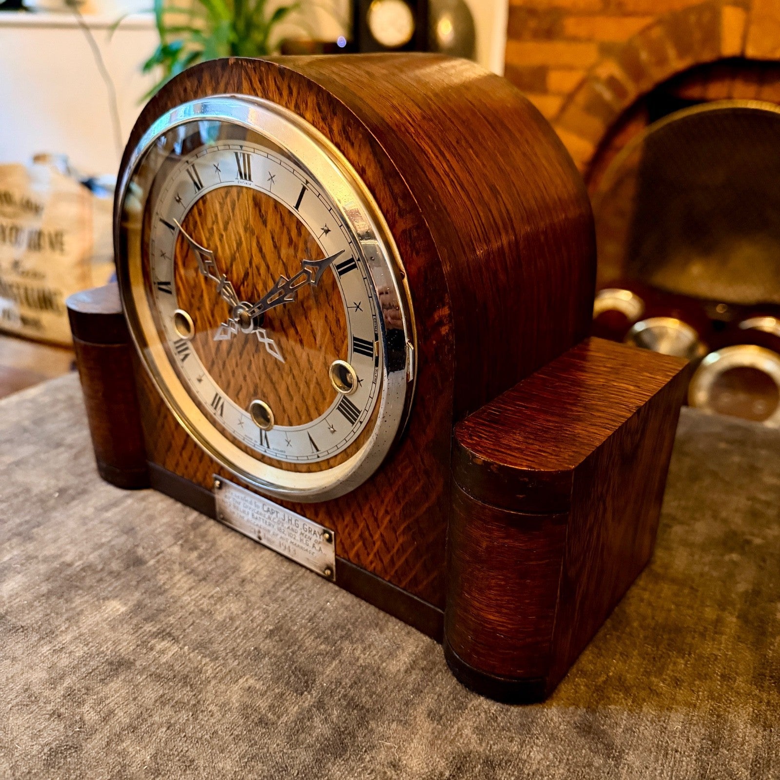 1943 Enfield Art Deco Westminster Chime Mantel Clock Military Presentation - Mahn and Co Clock Repairs