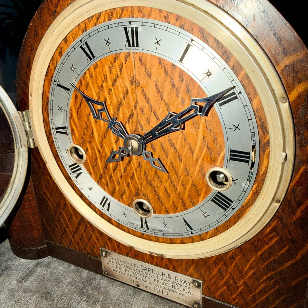 1943 Enfield Art Deco Westminster Chime Mantel Clock Military Presentation - Mahn and Co Clock Repairs