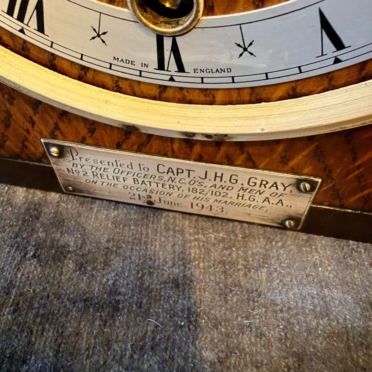 1943 Enfield Art Deco Westminster Chime Mantel Clock Military Presentation - Mahn and Co Clock Repairs