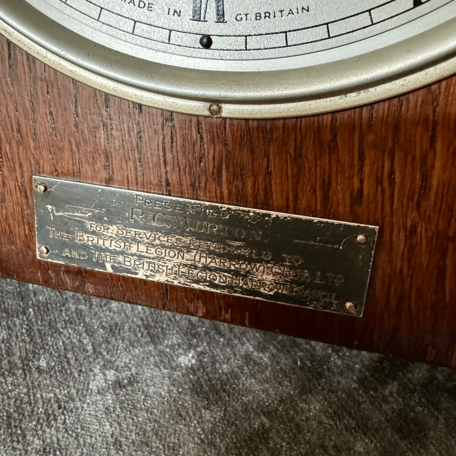 1951 Smiths Morley Mantel Clock Westminster Chime British Legion Presentation - Mahn and Co Clock Repairs