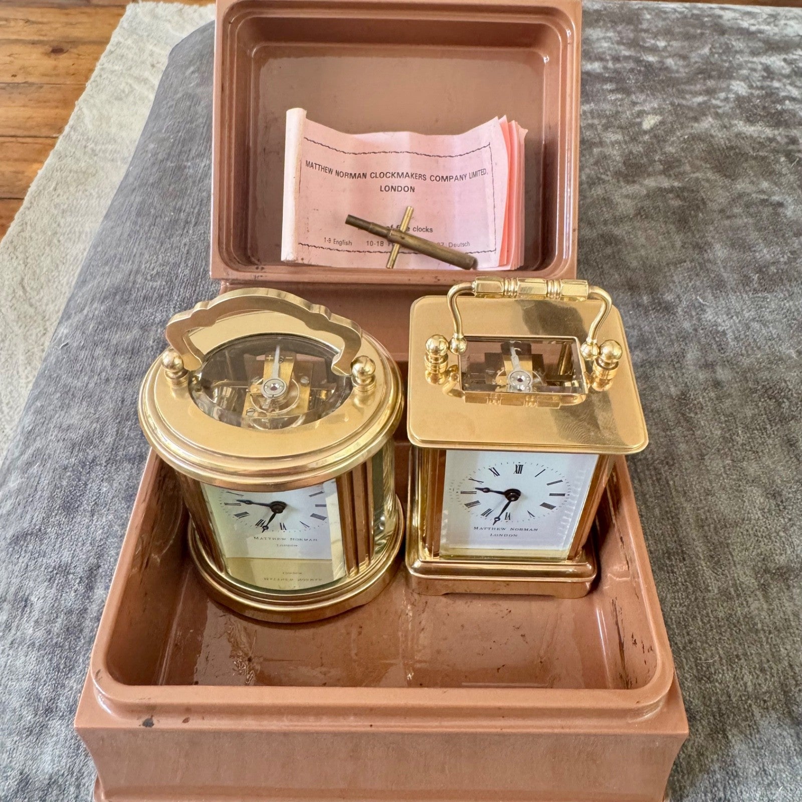 Pair Matthew Norman Miniature Swiss Carriage Clocks Boxed 1977 Serviced