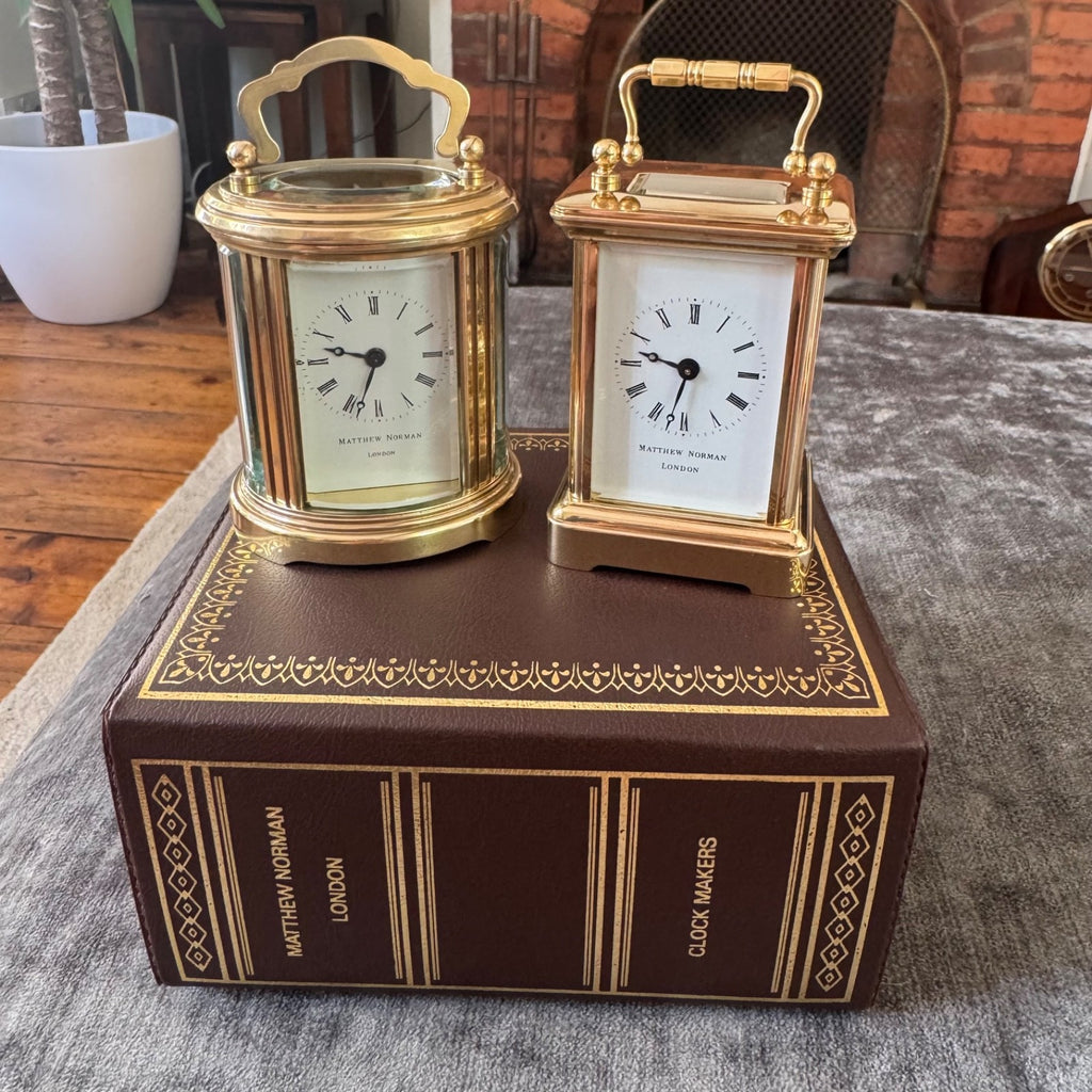 Pair Matthew Norman Miniature Swiss Carriage Clocks Boxed 1977 Serviced