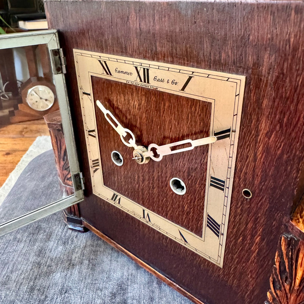 Camerer Cuss Art Deco Oak Mantel Clock 1939 Gong Strike Serviced Working