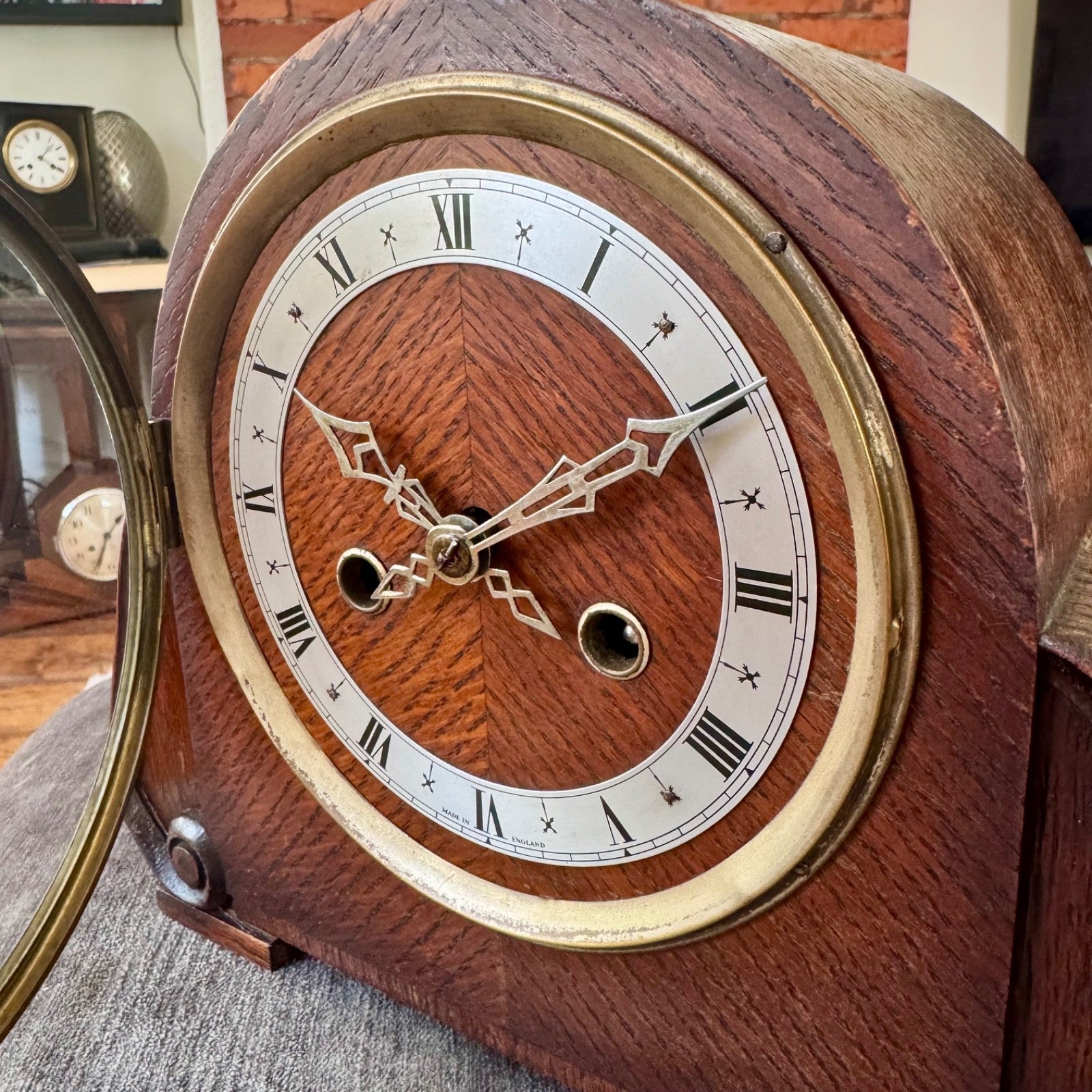 Vintage English Art Deco Oak Mantel Clock Twin Train Gong Strike Fully Serviced 