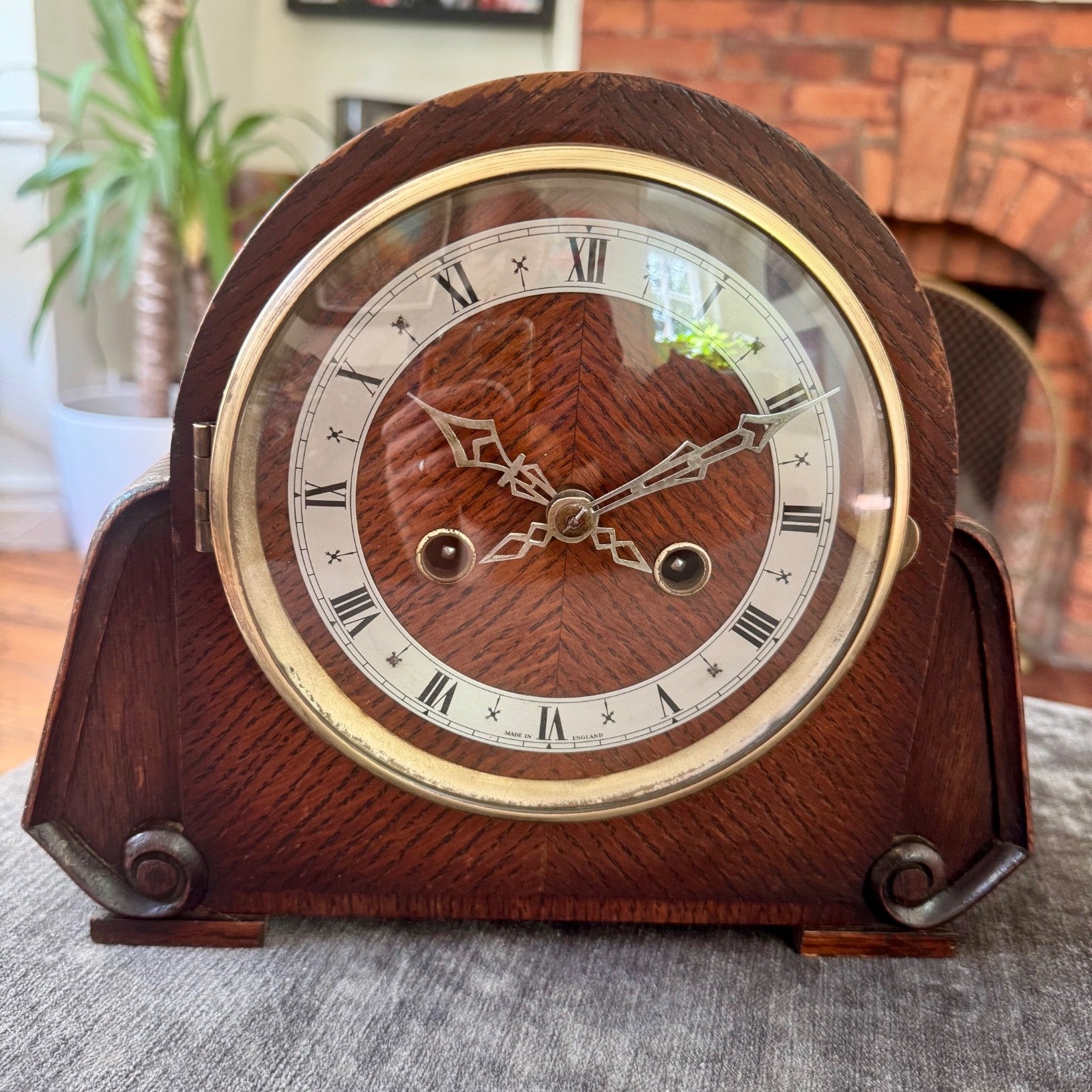 Vintage English Art Deco Oak Mantel Clock Twin Train Gong Strike Fully Serviced 