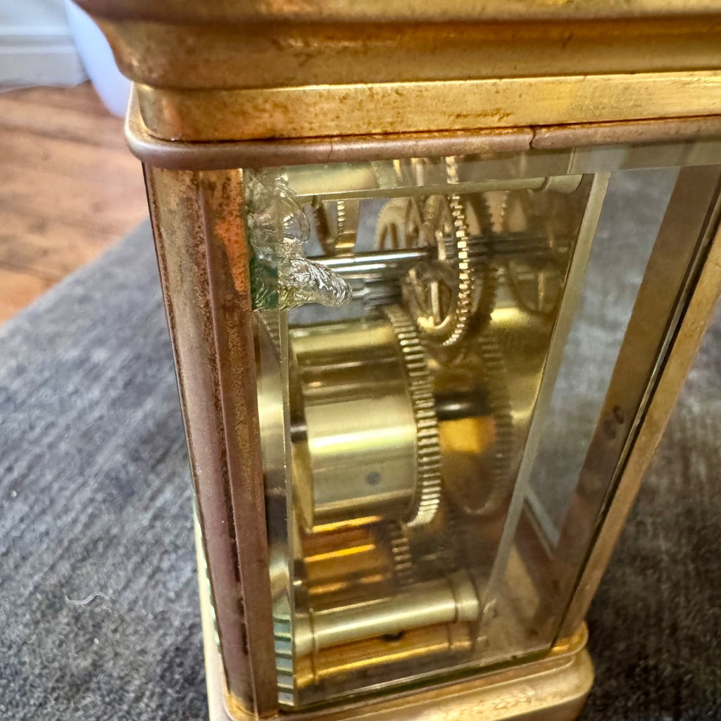 Antique French Brass Carriage Clock Time Only 5 Bevelled Glasses Fully Serviced