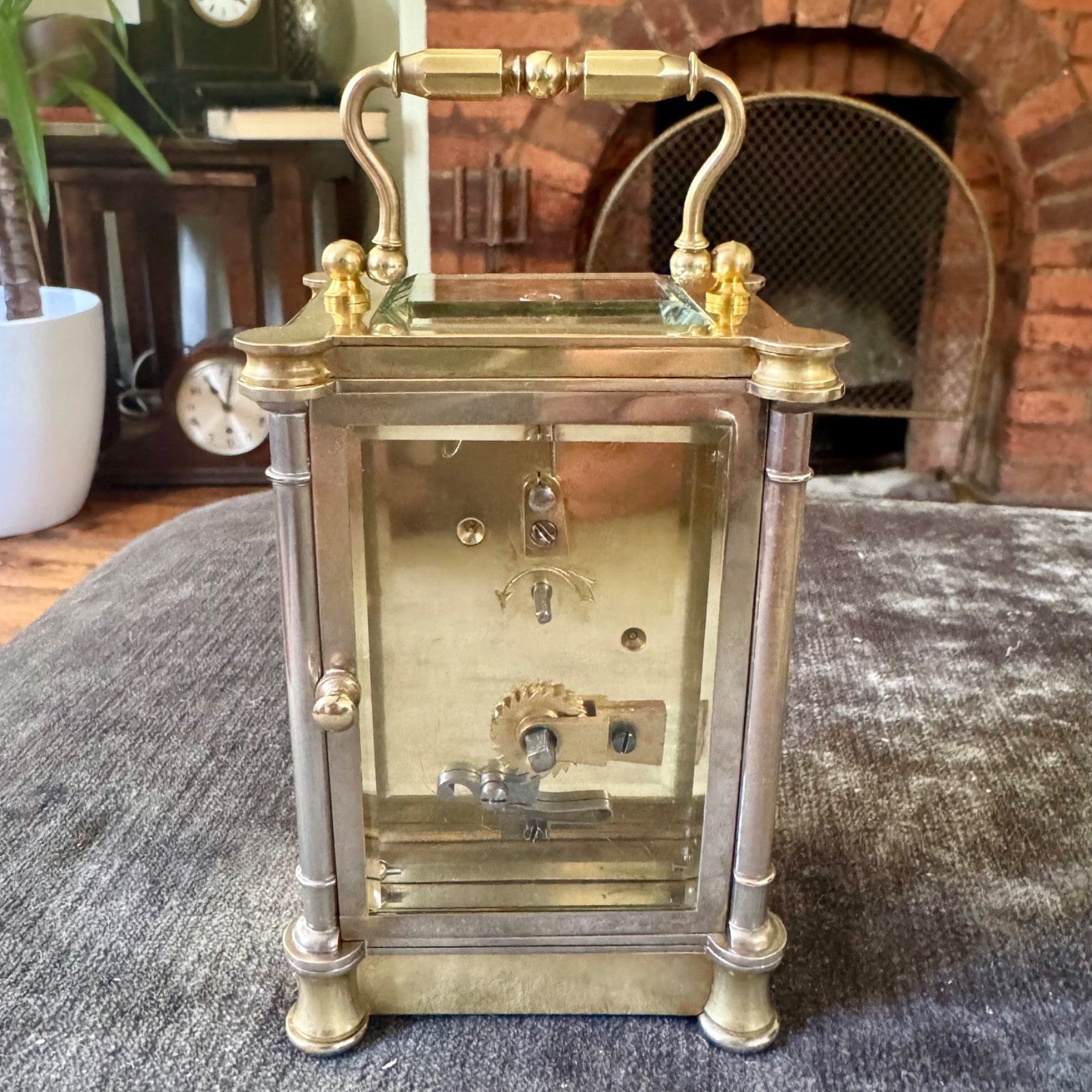 Antique French Brass Carriage Clock Five Glass Bevelled Fully Serviced Leather C