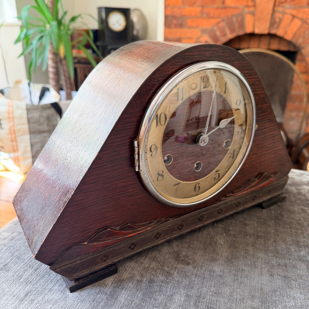 Restored 1930s Art Deco Westminster Chime Mantel Clock Alpine Carved Case