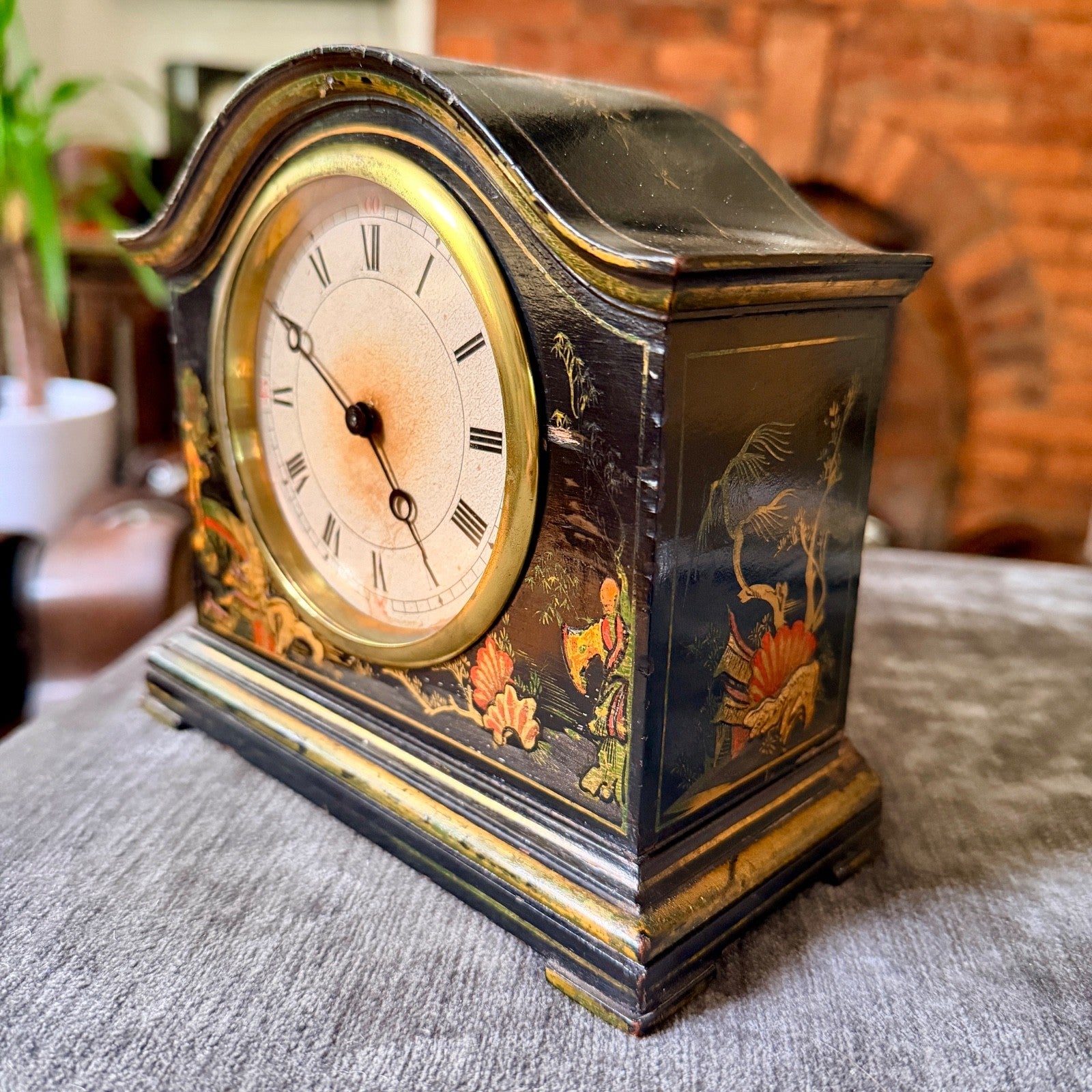 Antique Swiss Chinoiserie Mantel Clock Platform Escapement Serviced 1930s