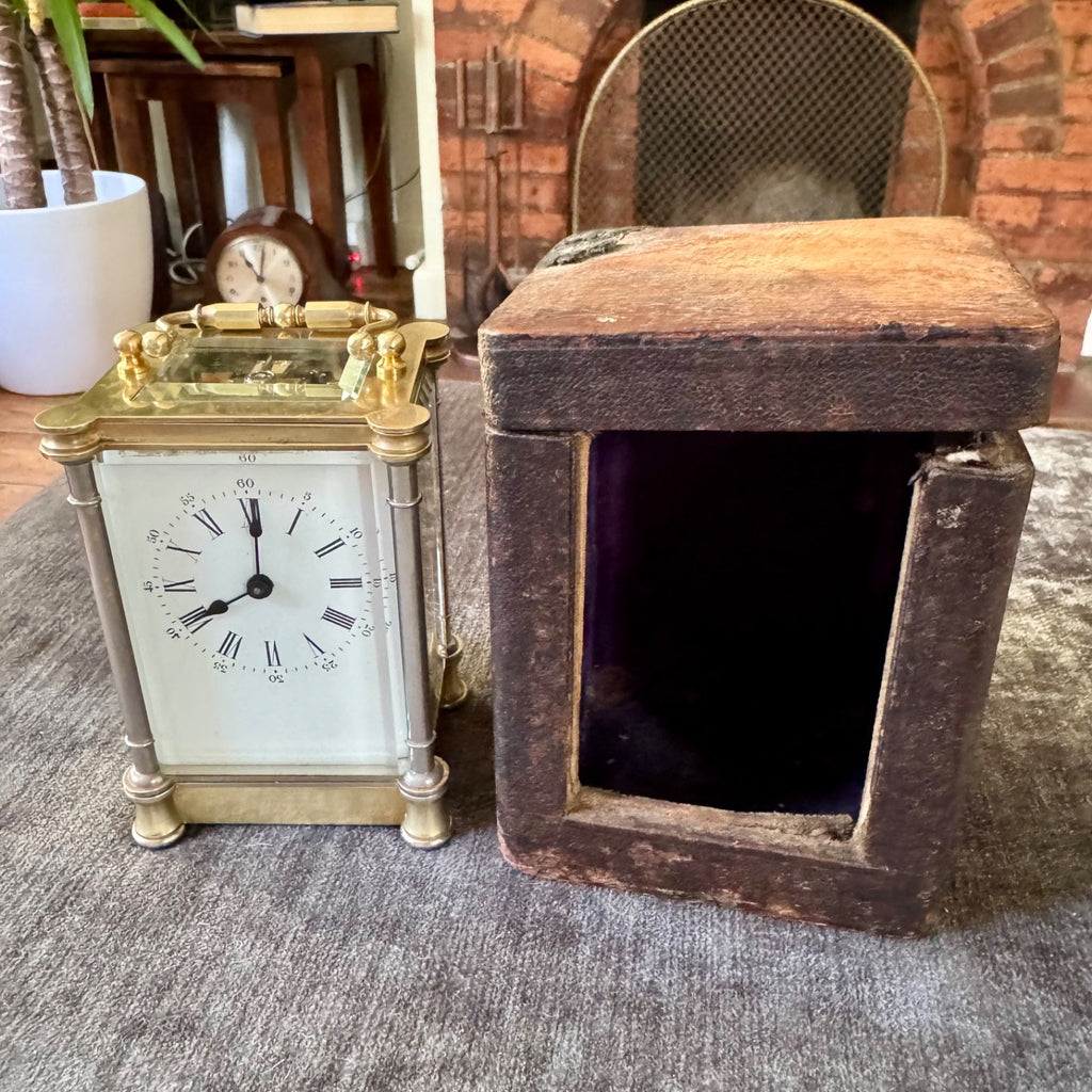 Antique French Brass Carriage Clock Five Glass Bevelled Fully Serviced Leather C