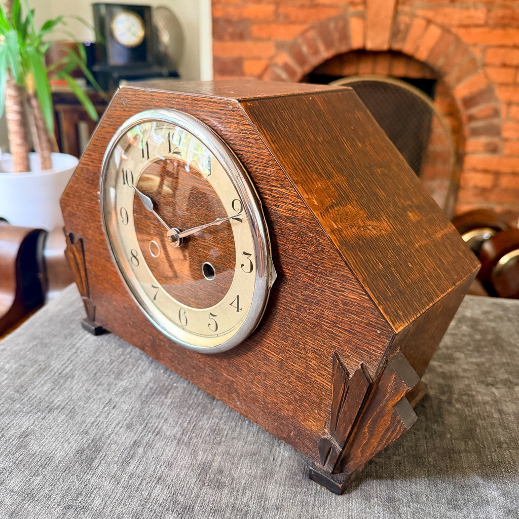 1930s Kienzle Art Deco Oak Mantel Clock Gong Strike Serviced Restored