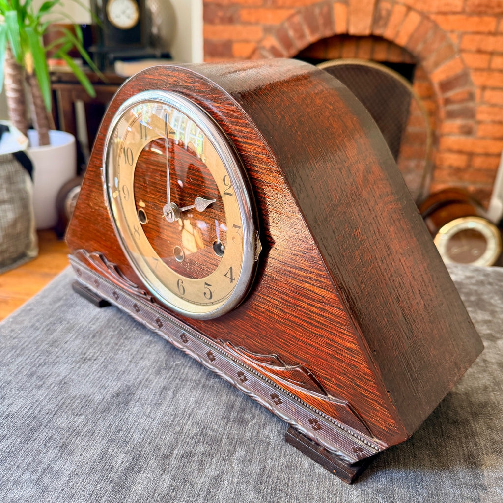 Restored 1930s Art Deco Westminster Chime Mantel Clock Alpine Carved Case