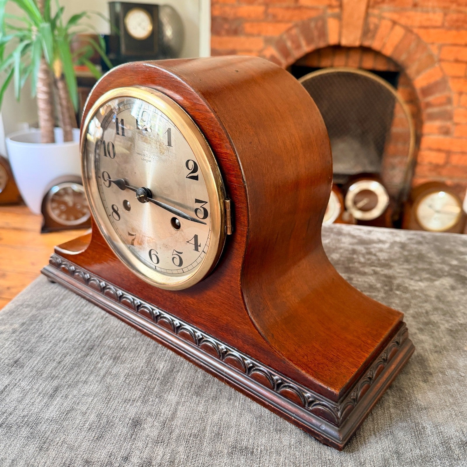 Antique Bravingtons London Mahogany Striking Mantel Clock Fully Serviced