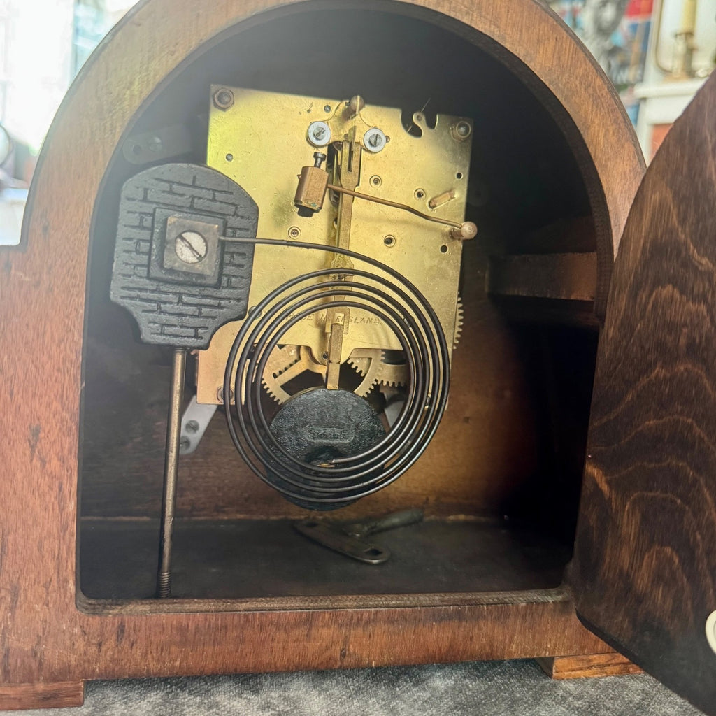 Vintage English Art Deco Oak Mantel Clock Twin Train Gong Strike Fully Serviced 