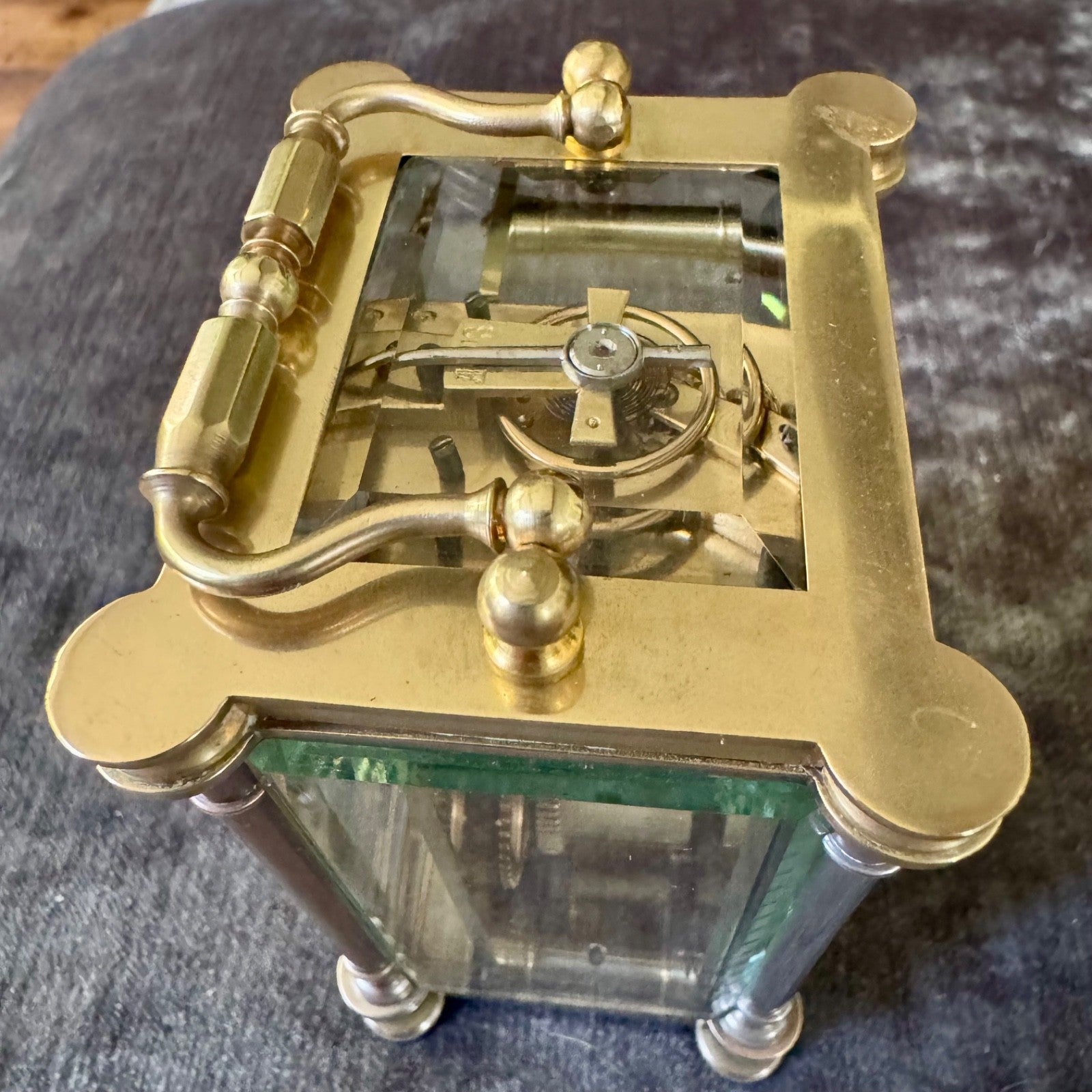 Antique French Brass Carriage Clock Five Glass Bevelled Fully Serviced Leather C