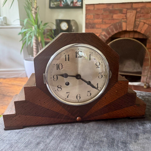 1930s Art Deco Oak Mantel Clock German Gong Strike Pendulum Clock Serviced