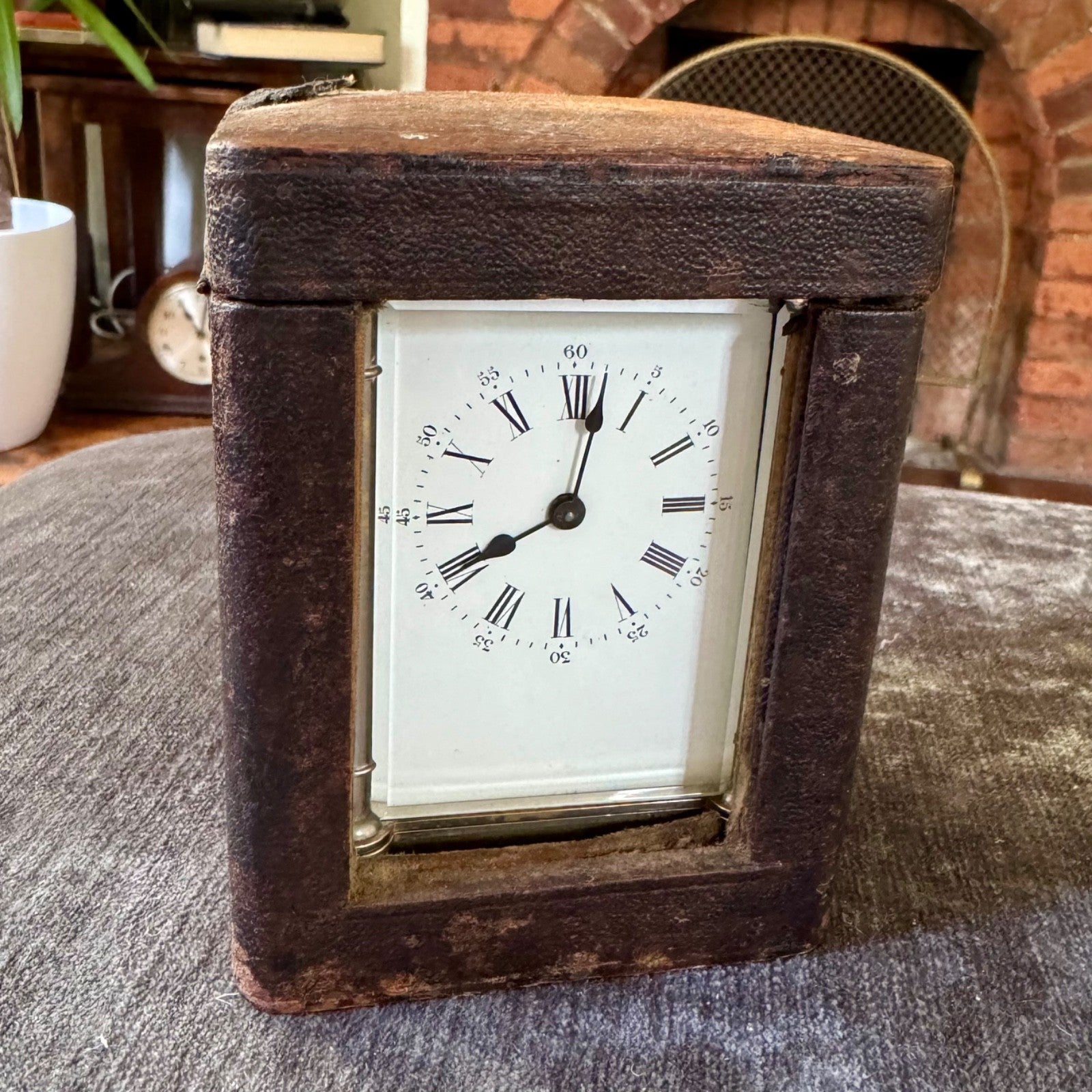 Antique French Brass Carriage Clock Five Glass Bevelled Fully Serviced Leather C