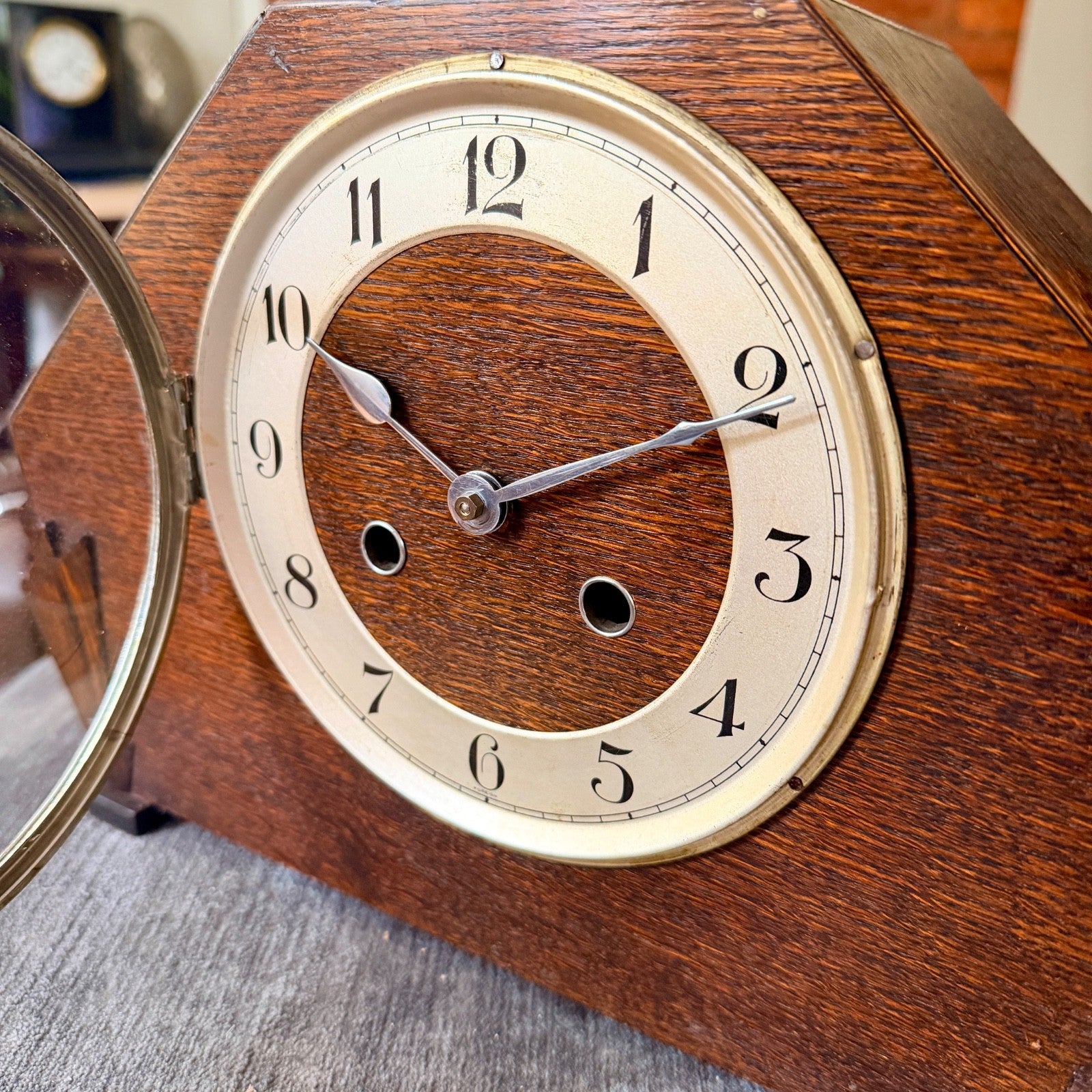 1930s Kienzle Art Deco Oak Mantel Clock Gong Strike Serviced Restored