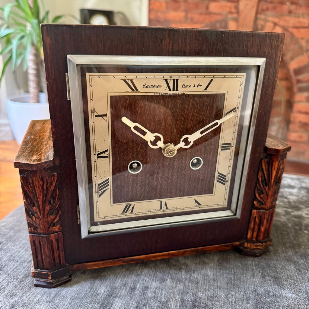 Camerer Cuss Art Deco Oak Mantel Clock 1939 Gong Strike Serviced Working