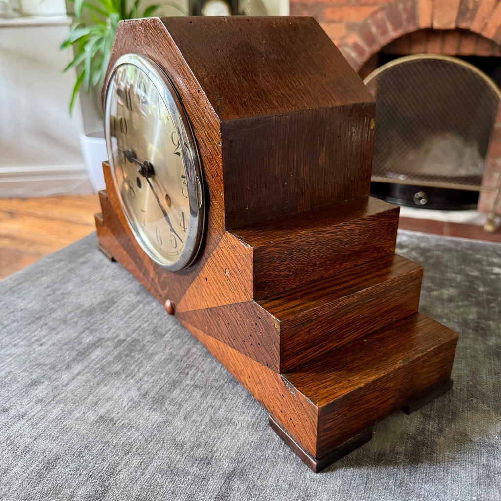 1930s Art Deco Oak Mantel Clock German Gong Strike Pendulum Clock Serviced