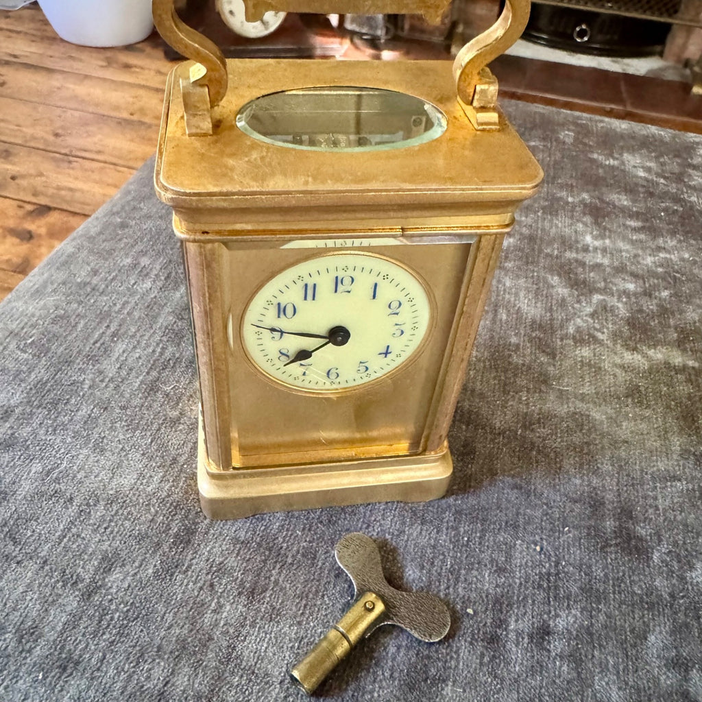 Antique French Brass Carriage Clock Time Only 5 Bevelled Glasses Fully Serviced