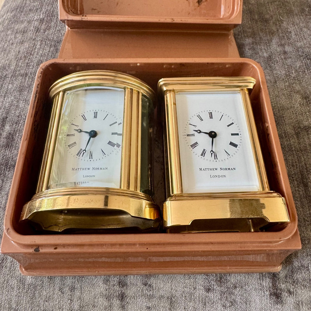 Pair Matthew Norman Miniature Swiss Carriage Clocks Boxed 1977 Serviced