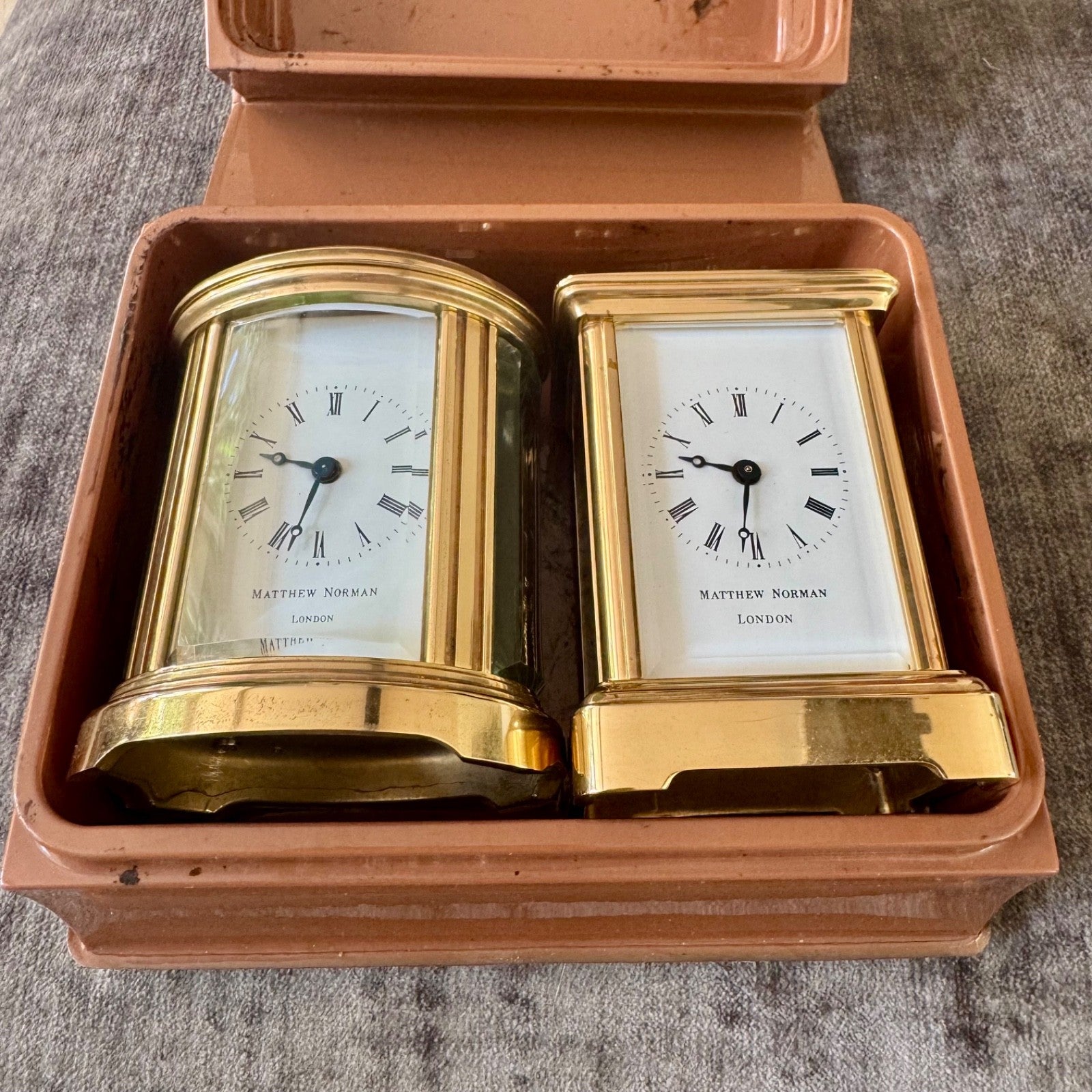 Pair Matthew Norman Miniature Swiss Carriage Clocks Boxed 1977 Serviced