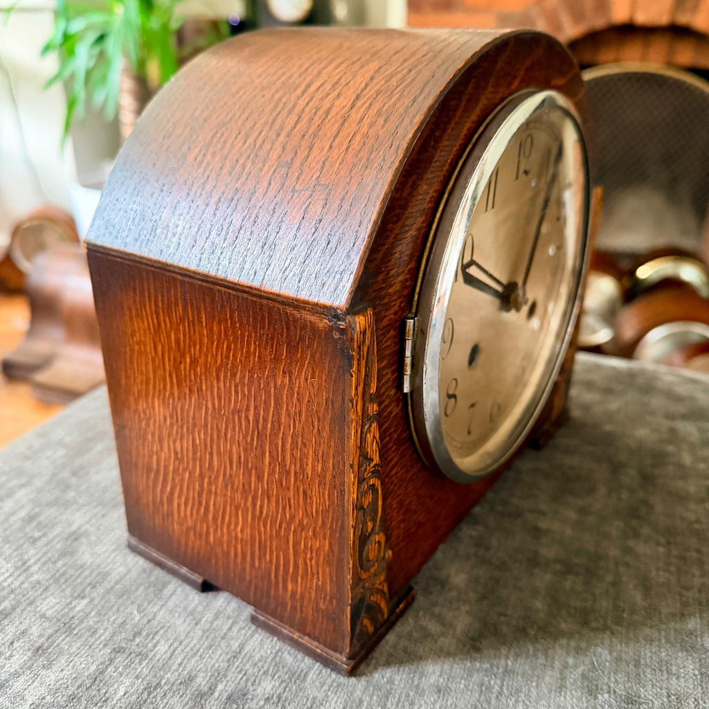 1930s Perivale Art Deco Oak Mantel Clock Gong Strike Serviced Restored