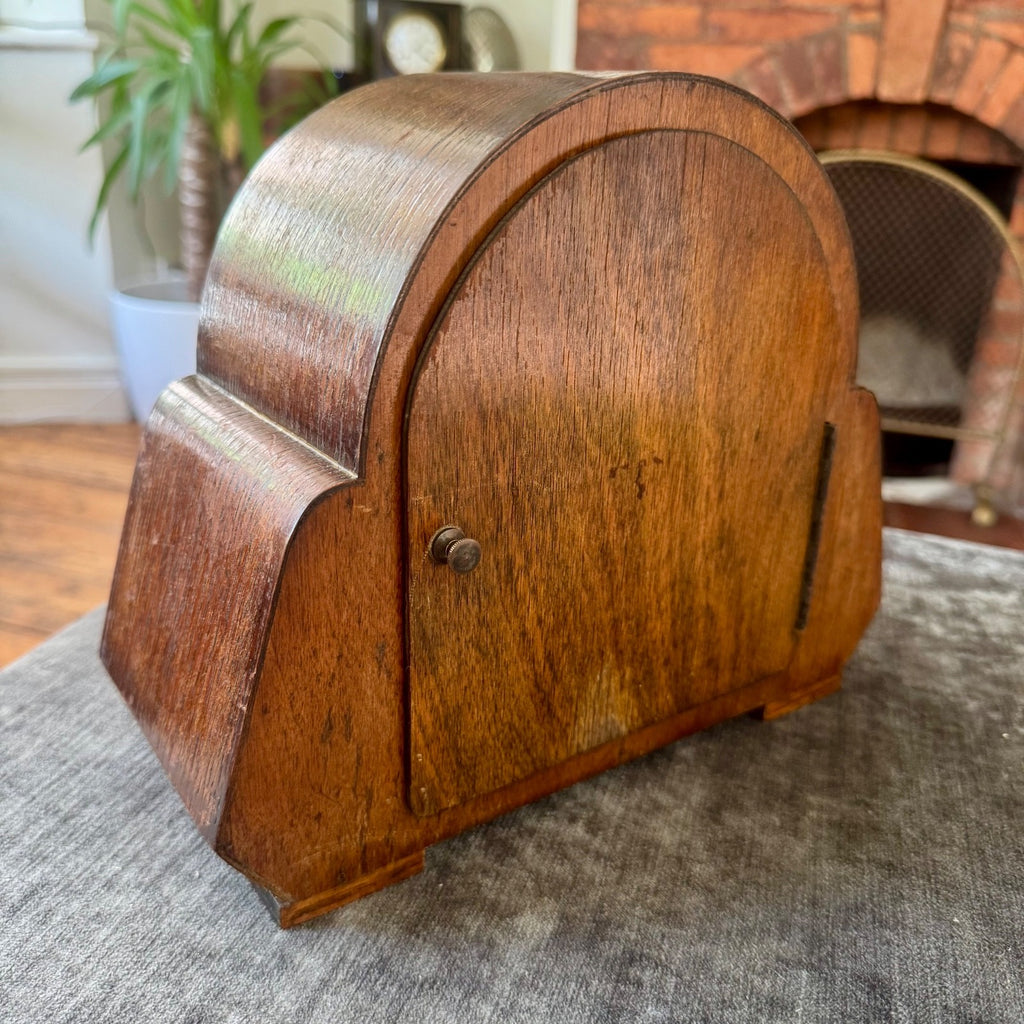Vintage English Art Deco Oak Mantel Clock Twin Train Gong Strike Fully Serviced 