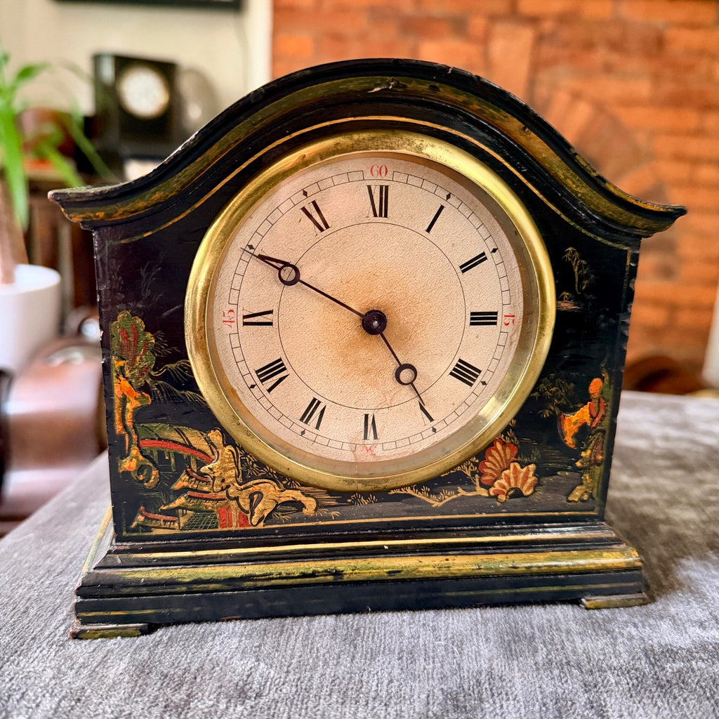 Antique Swiss Chinoiserie Mantel Clock Platform Escapement Serviced 1930s