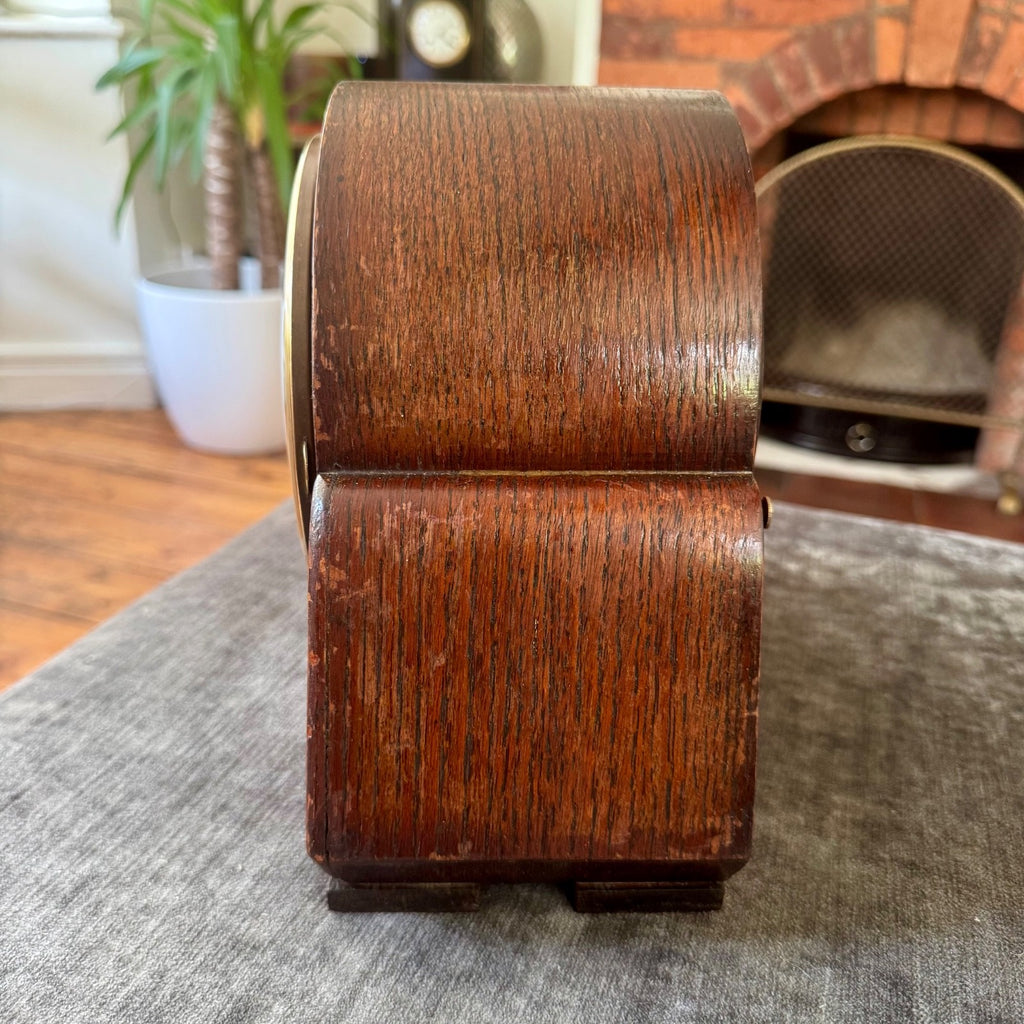 Vintage English Art Deco Oak Mantel Clock Twin Train Gong Strike Fully Serviced 