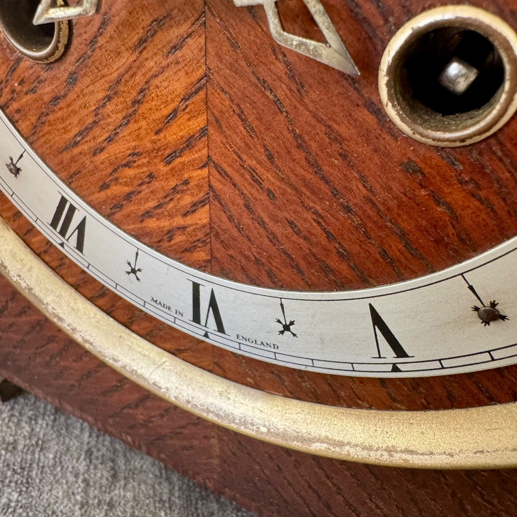 Vintage English Art Deco Oak Mantel Clock Twin Train Gong Strike Fully Serviced 