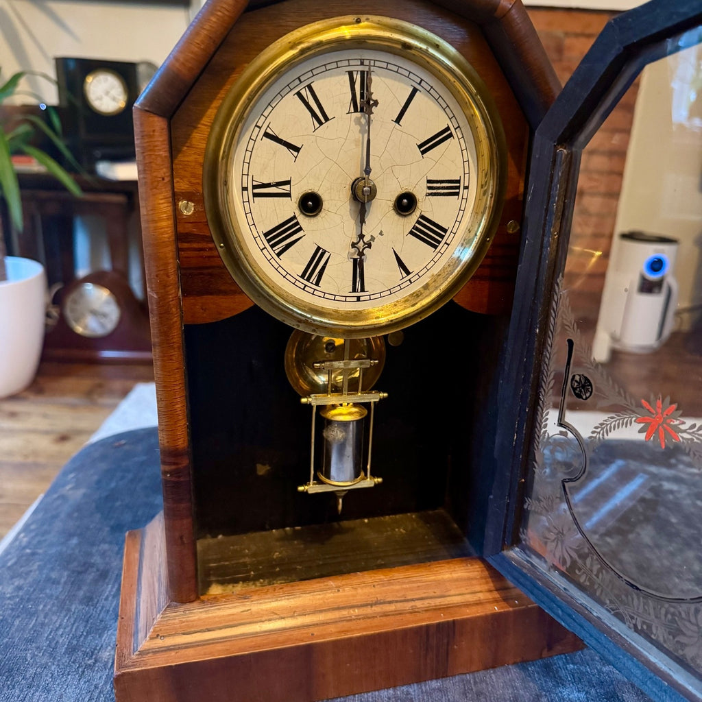 Antique American Cottage Clock Serviced Mechanical Striking Mantel Clock Key