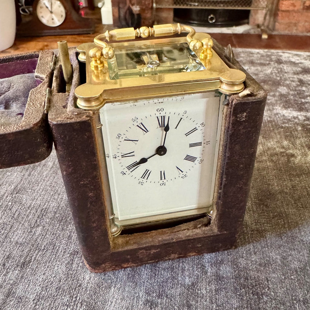 Antique French Brass Carriage Clock Five Glass Bevelled Fully Serviced Leather C