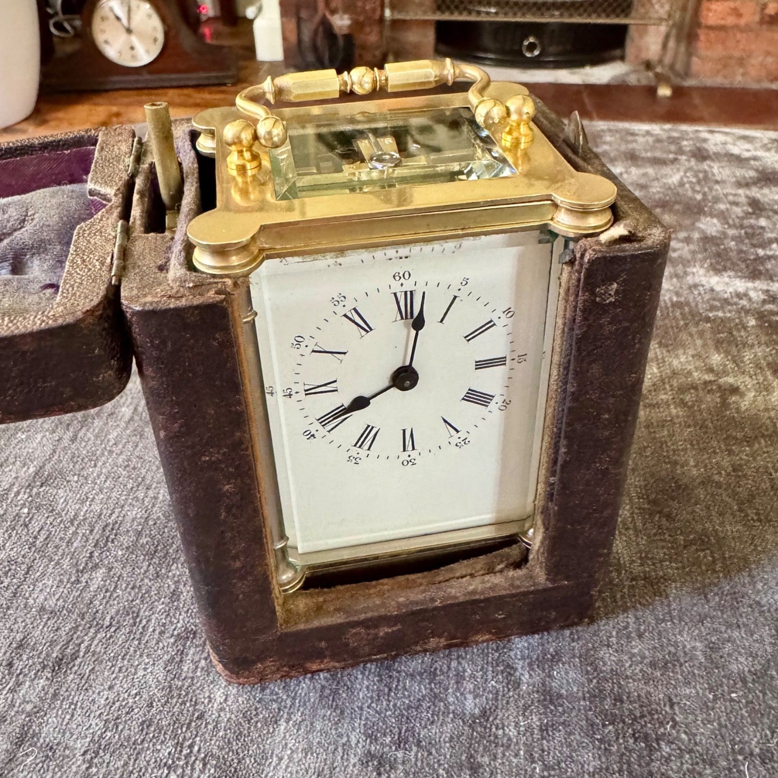 Antique French Brass Carriage Clock Five Glass Bevelled Fully Serviced Leather C