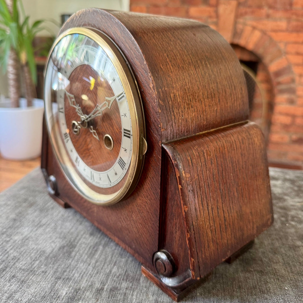 Vintage English Art Deco Oak Mantel Clock Twin Train Gong Strike Fully Serviced 