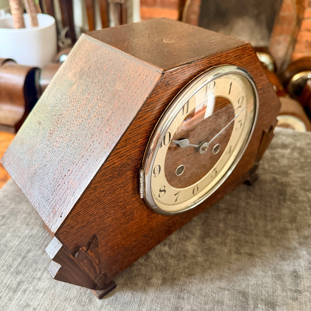 1930s Kienzle Art Deco Oak Mantel Clock Gong Strike Serviced Restored