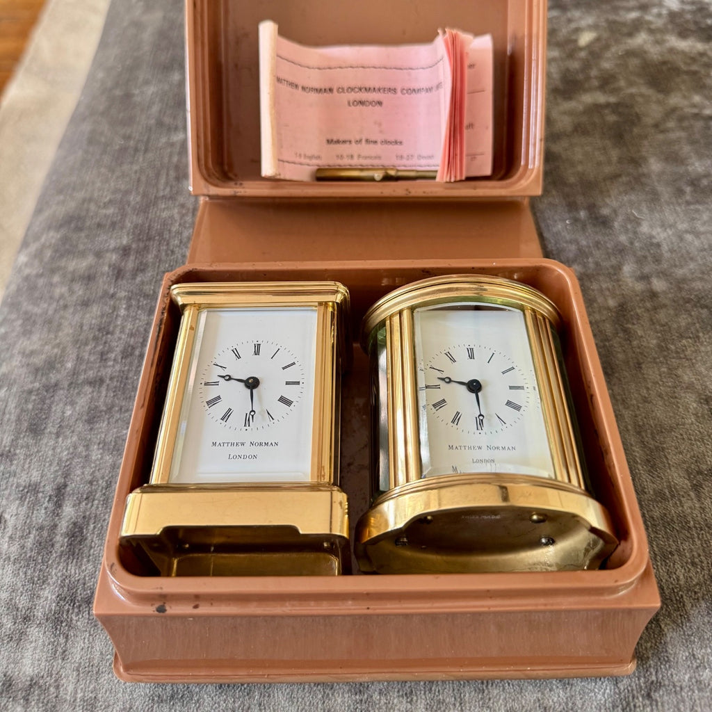 Pair Matthew Norman Miniature Swiss Carriage Clocks Boxed 1977 Serviced