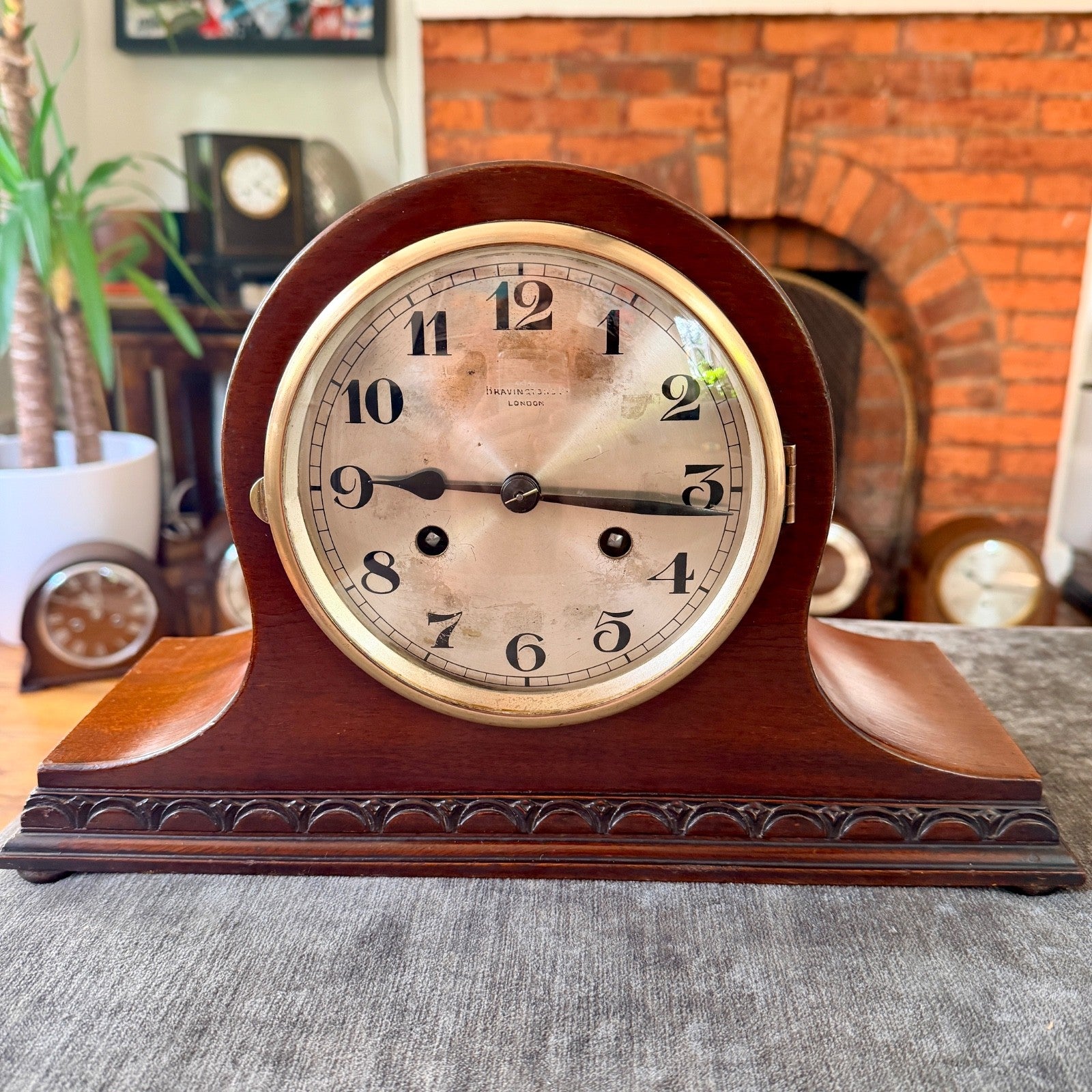 Antique Bravingtons London Mahogany Striking Mantel Clock Fully Serviced