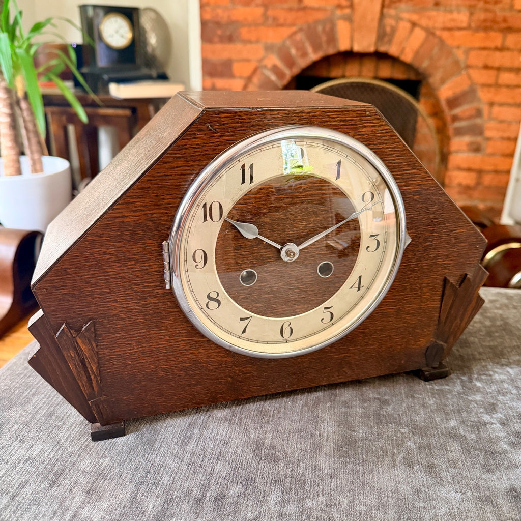 1930s Kienzle Art Deco Oak Mantel Clock Gong Strike Serviced Restored