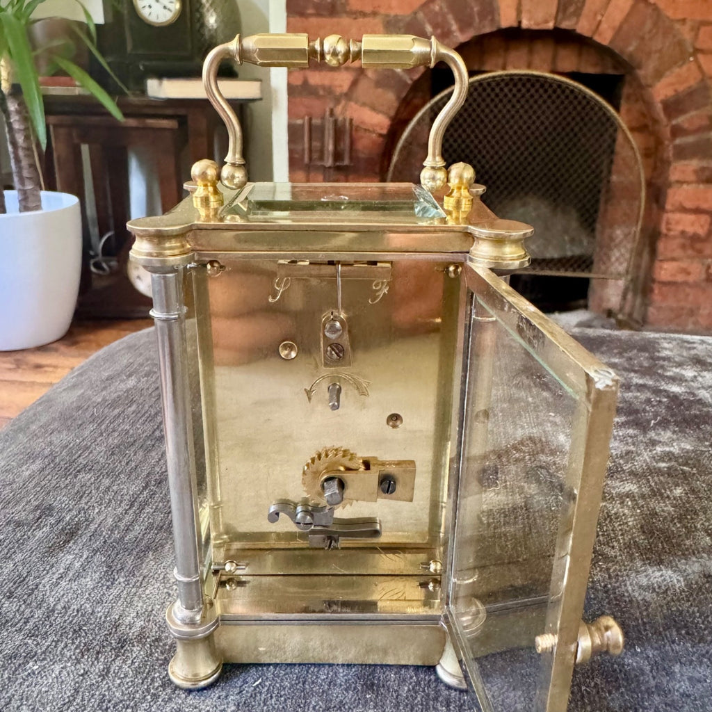 Antique French Brass Carriage Clock Five Glass Bevelled Fully Serviced Leather C