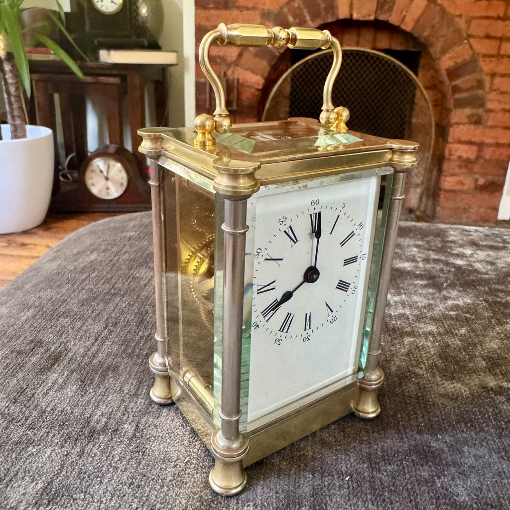 Antique French Brass Carriage Clock Five Glass Bevelled Fully Serviced Leather C