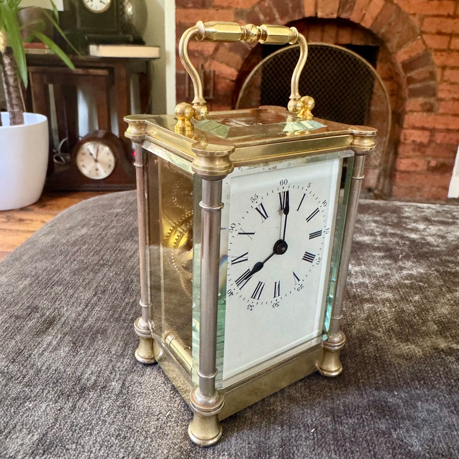 Antique French Brass Carriage Clock Five Glass Bevelled Fully Serviced Leather C