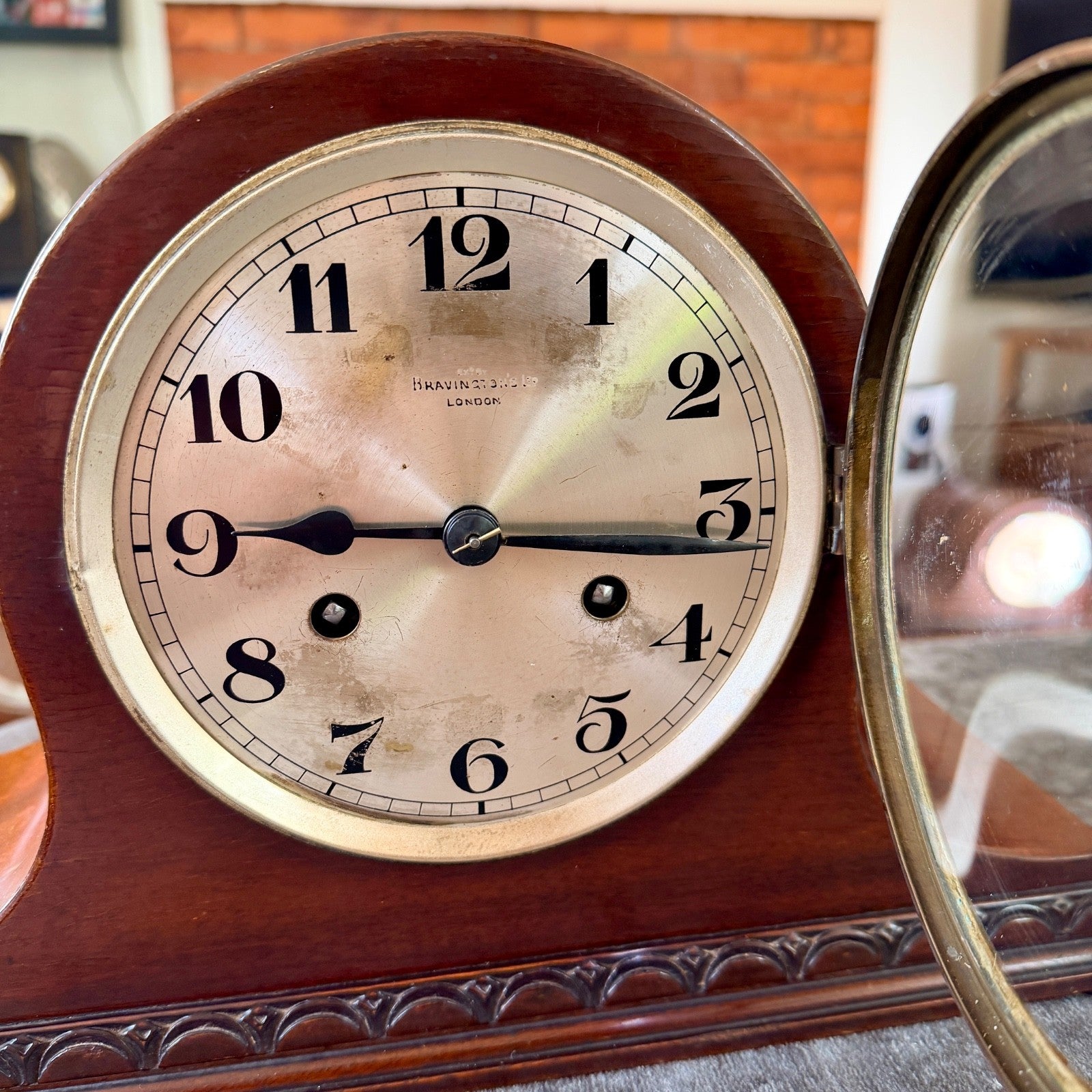 Antique Bravingtons London Mahogany Striking Mantel Clock Fully Serviced