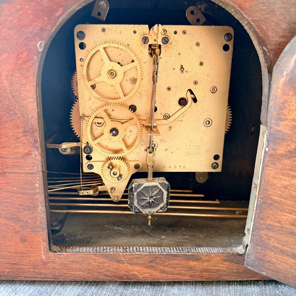 Restored 1930s Art Deco Westminster Chime Mantel Clock Alpine Carved Case
